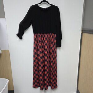 MEROKEETY Dress Womens XLarge Black Red Plaid Maxi Long Sleeve Fit & Flare